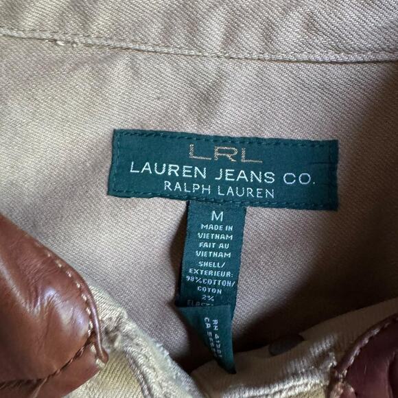 Y2K Ralph Lauren khaki denim work wear chore jacket with brown leather collar M - Picture 4 of 5
